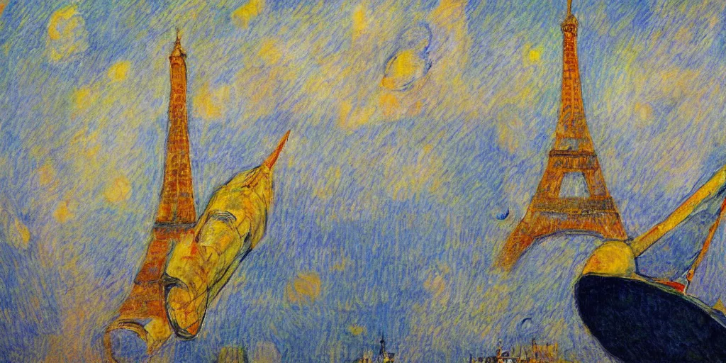 Image similar to starship enterprise 1 7 0 1 refit in the sky, background eiffel tower, oil painting by toulouse lautrec, wallpaper