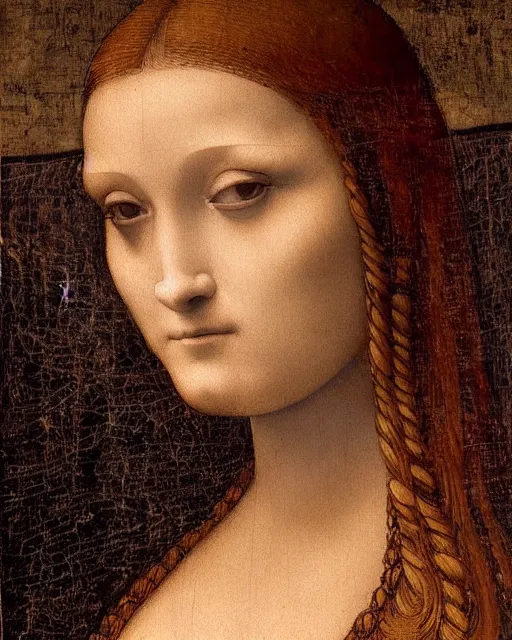 Image similar to a close up of a painting of a woman, a painting by leonardo da vinci, featured on deviantart, pre - raphaelitism, da vinci, fine art, pre - raphaelite