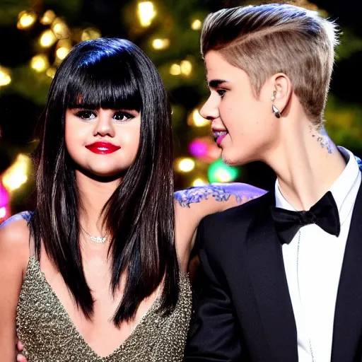 Image similar to justin bieber and selena gomez finally reunited in love in front of a lake during christmas at night