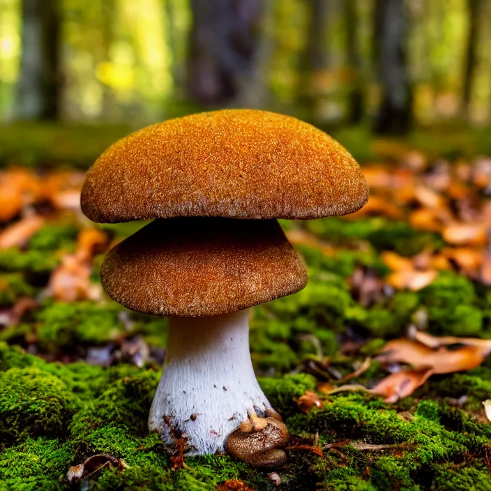 Prompt: a mushroom in a forest, moss, autumn, warm colors, photograph, 4 k