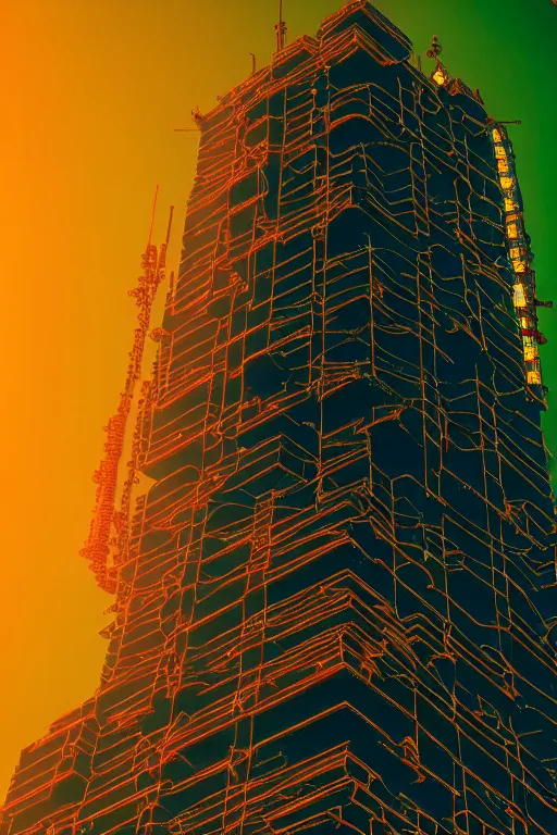 Prompt: high quality photo hyperrealistic cyberpunk hanuman head building, neon yellow madhubani, highly detailed, in sci - fi mumbai, unreal engine cinematic smooth, liam wong, moody light, low angle, uhd 8 k, sharp focus