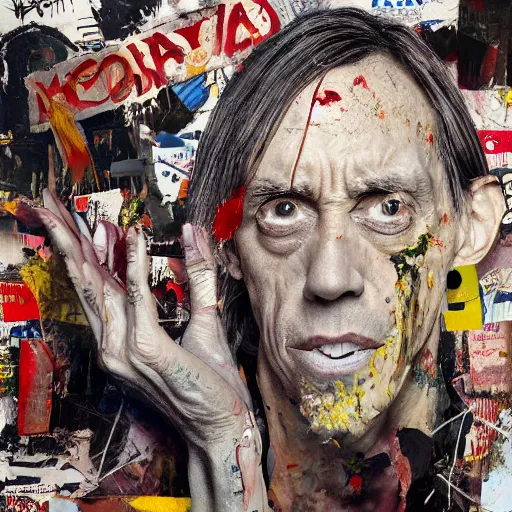 Image similar to hyperrealistic, photorealistic, mixed media oil painting of iggy pop, magazine scraps, plaster, blood, oil, mustard, cigarettes, splatter, trending on artstation, award - winning painting, greg rutkowski, basquiat, ralph steadman, terry gilliam