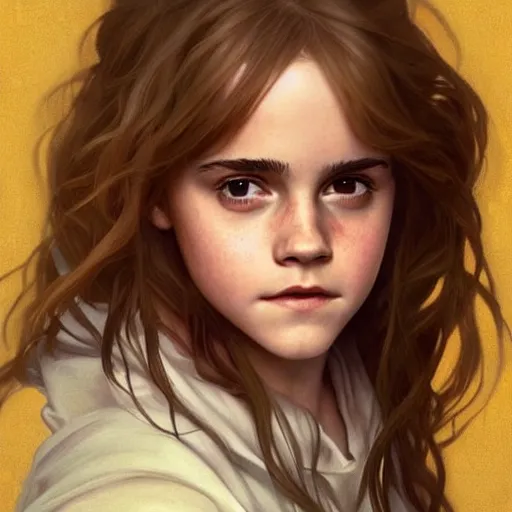 Prompt: painting. [ young ] emma watson as hermione granger 2 0 0 4. prisoner of azkaban. cheerful. happy. art by artgerm and greg rutkowski and alphonse mucha. during golden hour. extremely detailed. beautiful. 4 k. award winning.