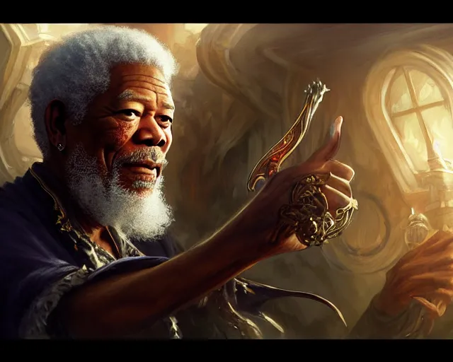 Image similar to morgan freeman as a pirate, deep focus, d & d, fantasy, intricate, elegant, highly detailed, digital painting, artstation, concept art, matte, sharp focus, illustration, hearthstone, art by artgerm and greg rutkowski and alphonse mucha