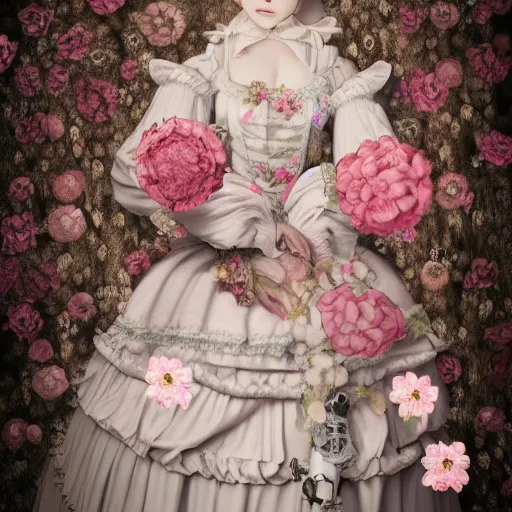 Image similar to 8 k, octane render, realism, tonalism, renaissance, rococo, baroque, cotton candy, creepy young lady wearing long highly detailed dutch renaissance harajuku manga dress with flowers and skulls ( background chaotic flowers )