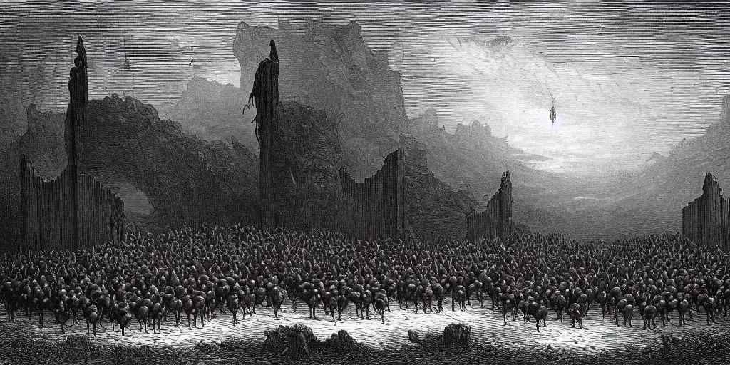 Prompt: angry geese guarding the gates of hell, art by gustave dore