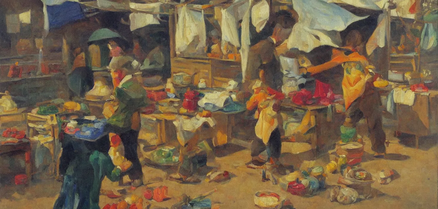 Prompt: oil painting of a young child running a market stall, small elongated planes, representation with abstraction, frenetic oil painting, values as flat shapes