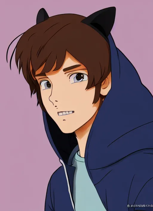 Image similar to teen boy with brown hair and big blue eyes, wearing a black hoodie with cat ears on top of it, natural lighting, path traced, highly detailed, high quality, cartoon, digital painting, by don bluth and ross tran and studio ghibli and alphonse mucha