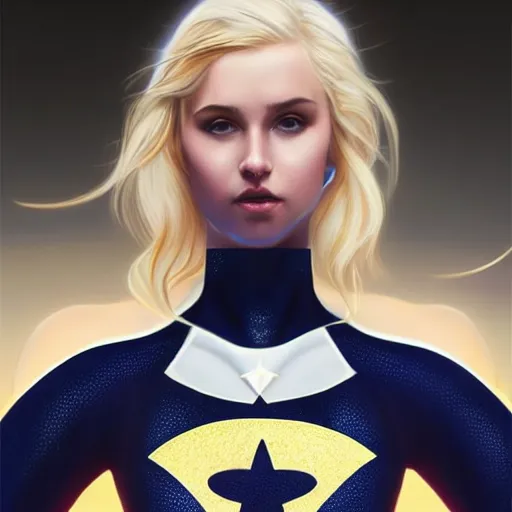 Image similar to a beautiful portrait of a beautiful cute superhero woman, blonde hair, matte navy - blue bodysuit with a white star and white cape, intricate, elegant, 8 k, hdr, vivid colors, highly detailed, digital painting, concept art, smooth, sharp focus, illustration, disney, by artgerm and loish and wlop and alphonse mucha