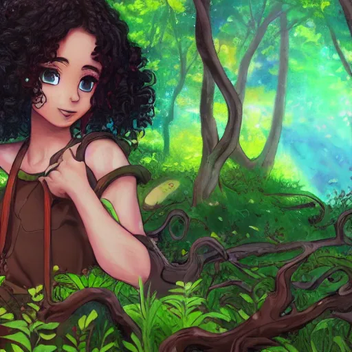 Prompt: A brown girl with black curly hair in a colorful forest, anime, highly detailed, artstation, 8k,