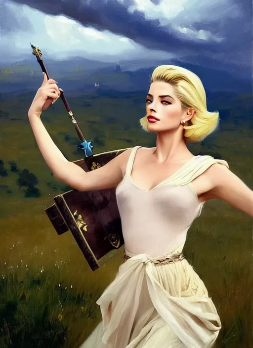 Image similar to A combination of Adriana Dxim and Grace Kelly’s and Ashley Greene's appearance with blonde hair as Zelda, countryside, calm, fantasy character portrait, dynamic pose, above view, sunny day, thunder clouds in the sky, artwork by Jeremy Lipkin and Giuseppe Dangelico Pino and Michael Garmash and Rob Rey and Greg Manchess, very coherent asymmetrical artwork, sharp edges, perfect face, simple form, 100mm