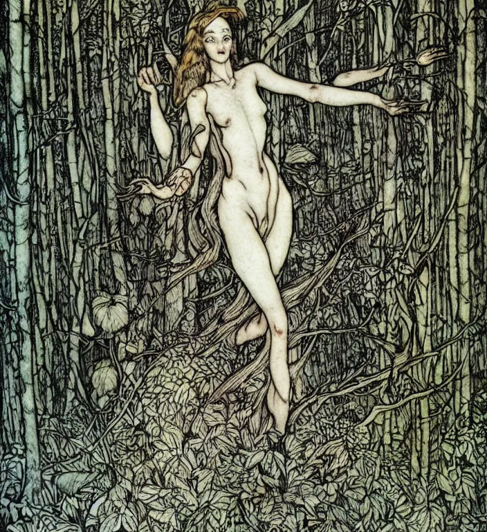 Prompt: person in the forest by Ivan Bilibin, Arthur Rackham, Vania Zouravliov, high quality, ultra detailed