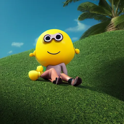 Image similar to a super cute cartoon network lemon character, it's is relaxing on a beach, by dalle - 2, octane render, 3 d, volumetric lightening,