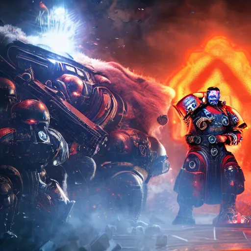 Image similar to Portrait of donald trump as the emperor of humanity from warhammer 40k in Gears of War, splash art, movie still, cinematic lighting, dramatic, octane render, long lens, shallow depth of field, bokeh, anamorphic lens flare, 8k, hyper detailed, 35mm film grain