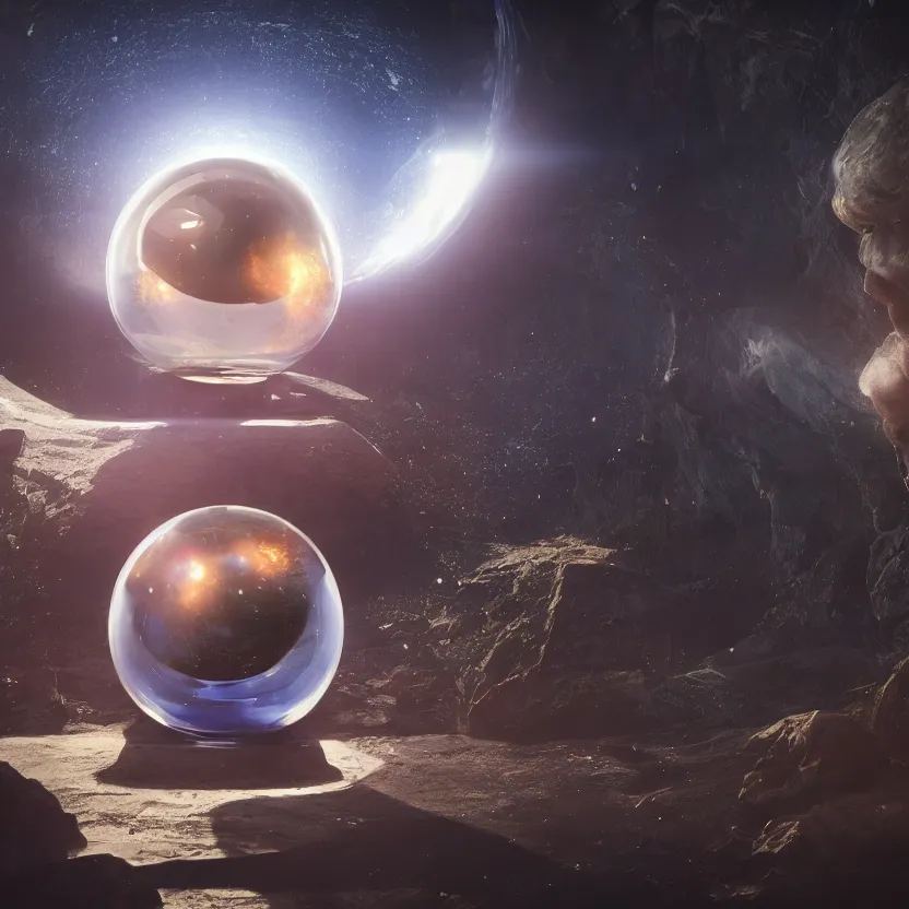 Image similar to a entire universe inside a crystal ball, concept art, octane render, unreal engine 5, trending on artstation, high quality, 8 k, highly detailed, hyperrealistic, path traced, house background, hugh contrast, masterpiece, epic, fantasy, dramatic lighting, cinematic, high coherence