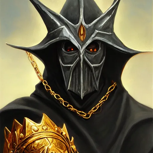 Prompt: an oil painting depicting the Witch King of Angmar, holding gold chains, portrait, high detail, painted my michelangelo, trending on artstation