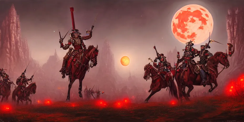 Prompt: highly detailed portrait painting of victorian warhammer battle, old abadia in the background, full red moon, by eddie mendoza and tyler edlin, 8 k resolution