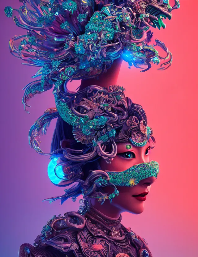 Image similar to 3 d goddess close - up profile portrait with crown, ram skull. beautiful intricately detailed neon japanese crow kitsune mask and clasical japanese kimono. betta fish, jellyfish phoenix, bio luminescent, plasma, ice, water, wind, creature, artwork by tooth wu and wlop and beeple and greg rutkowski