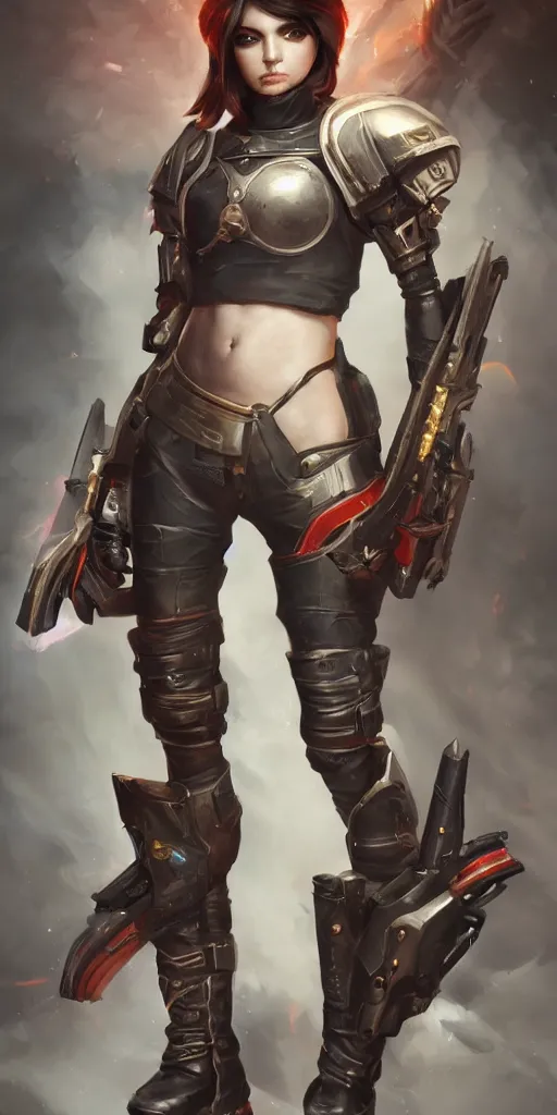 Image similar to beautiful female inquisitor with a face of Tracer, warhammer 40k, leather armor, bolt pistol in one hand, chainsword in the other, tight leather leggins, full body, ultra facial detail, Tooth Wu Artgerm Greg Rutkowski artstation deviantart, 8k, fanart, extreme aesthetic