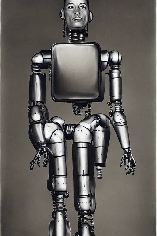 Prompt: robot monk painting a self - portrait on a canvas. intricate, highly detailed, photorealistic, film still, by richard avedon.