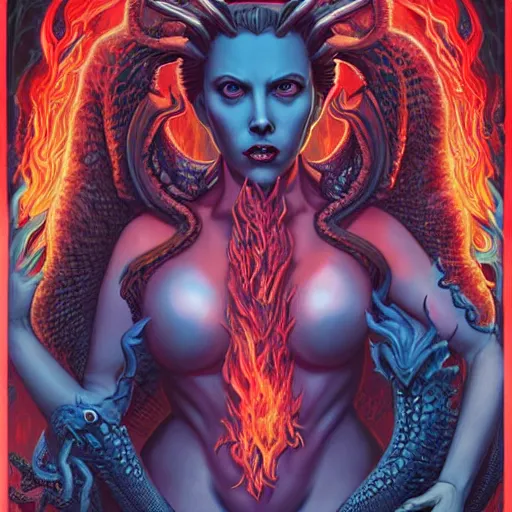 Image similar to ghotic demonic female demon satan hell portrait of scarlett johansson as queen of hell and queen of dragons, fire and flame, big long hell serpent dragon, octopus, Pixar style, by Tristan Eaton Stanley Artgerm and Tom Bagshaw.