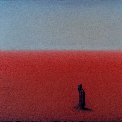 Image similar to people with blood all over them, sea made of the blood, ground is made from gravel, clear blue sky, gravel ground, beksinski style