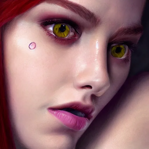 Prompt: Beautiful photorealistic portrait of a woman with purple eyes and long red hairs wearing shiny earings , higly detailed, 8K