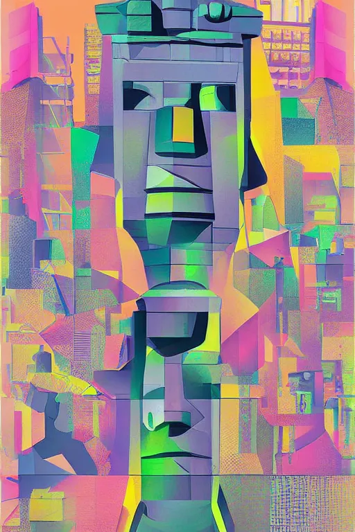 Image similar to cubist moai statue cutout digital illustration cartoon colorful beeple