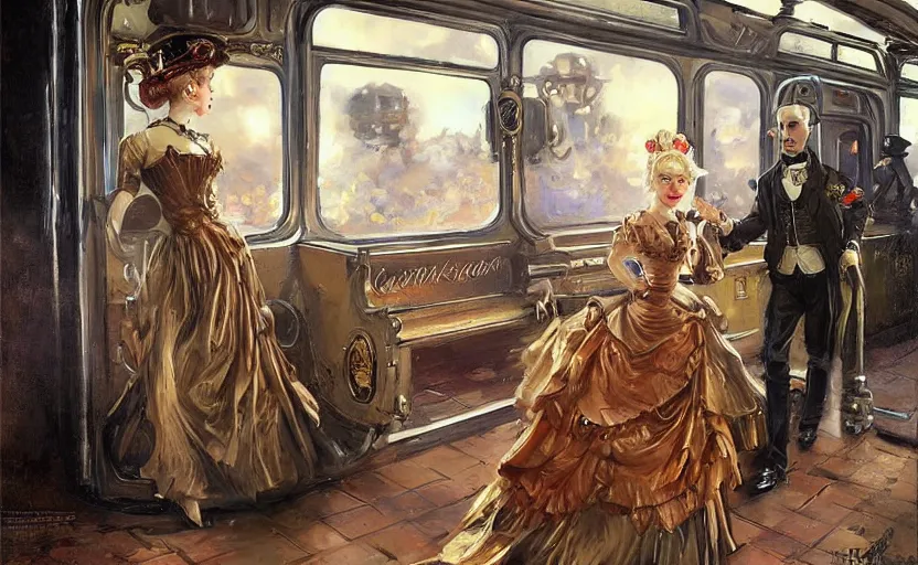 Image similar to A beautiful lady with blonde hair in a steampunk suit with a long skirt leaves the train of the Victorian era, by Konstantin Razumov, horror scene, highly detailded