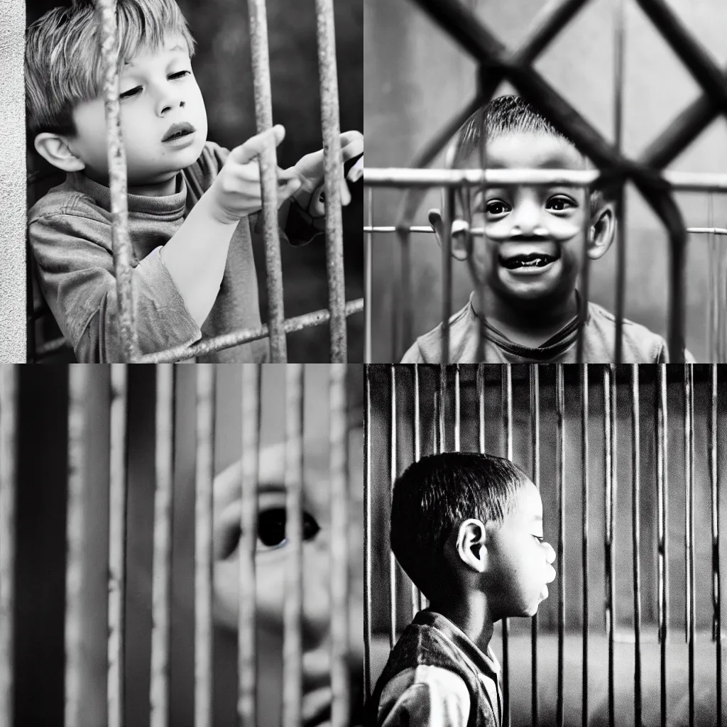 Prompt: A boy looking up at a bird in a cage. UPA, United Productions of America.