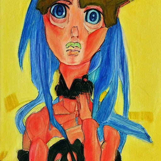 Image similar to colorful anime girl painted in the style of egon schiele