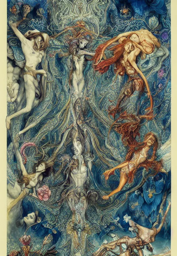 Prompt: simplicity, elegant, colorful blue djinn bodies and bones radiating from fractal, orchids, flowers, mandala, white bones, by h. r. giger and esao andrews and maria sibylla merian eugene delacroix, gustave dore, thomas moran, pop art, chiaroscuro, biopunk, art nouveau