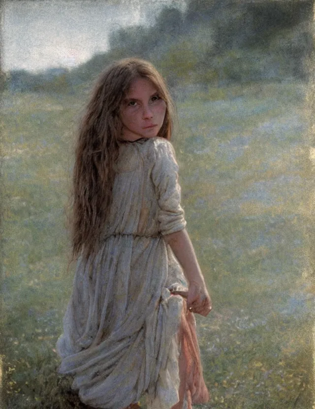 Image similar to peasant barefoot girl with long hair laying edge of rock, cottage core, cinematic focus, polaroid photo bleached vintage pastel colors high - key lighting, soft lights, foggy, by steve hanks, by lisa yuskavage, by serov valentin, by tarkovsky, 8 k render, detailed, oil on canvas