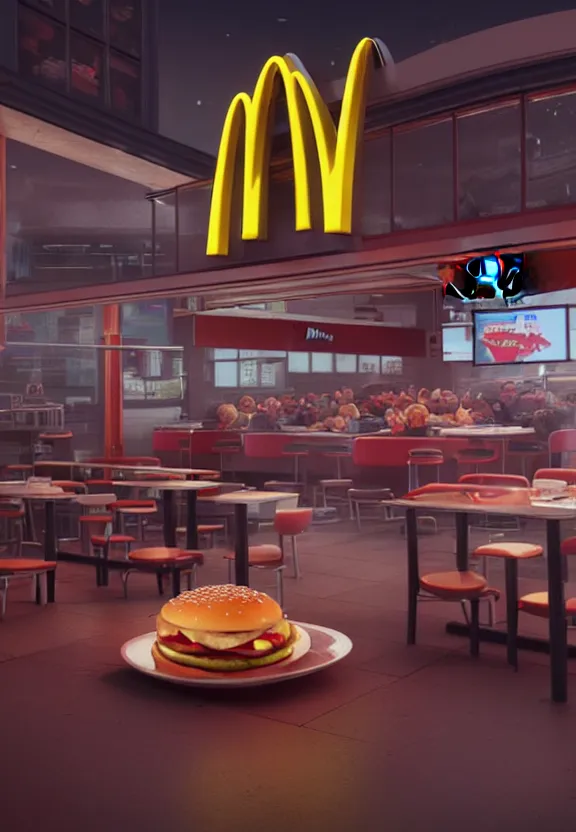 Image similar to a portrait of a streamlined mcdonalds - themed robot crashing into a mcdonalds restaurant, by greg rutkowski, sung choi, mitchell mohrhauser, maciej kuciara, johnson ting, maxim verehin, peter konig, bloodborne, 8 k photorealistic, cinematic lighting, hd, high details, dramatic, trending on artstation