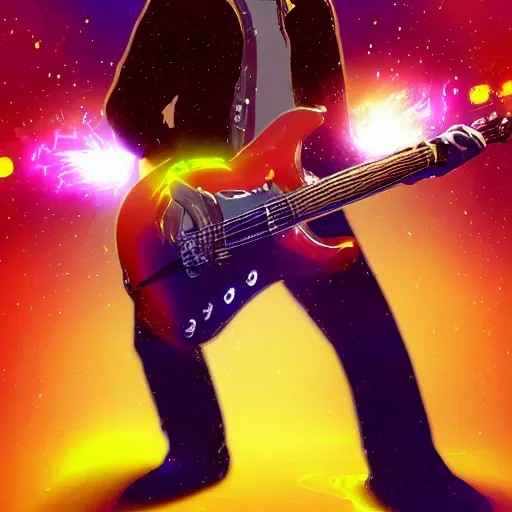 Prompt: a Alanis MOrisette guitarist playing so intensely there is electricity shooting out from his guitar, energy beams under his finger tips, and magic sparkles from the freboard, amazing ditial art, trending on artstation, featured on deviantart