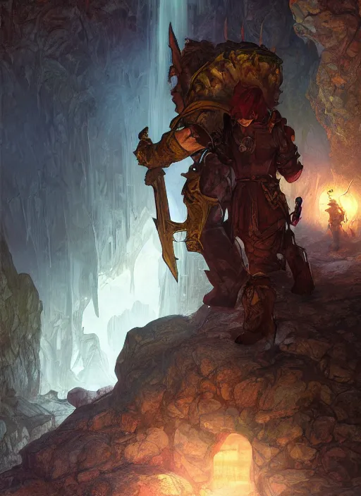 Image similar to Dwarven miner exploring deep caverns. Fantasy concept art. Moody Epic painting by James Gurney, and Alphonso Mucha. ArtstationHQ. painting with Vivid color. (Dragon age, witcher 3, lotr)