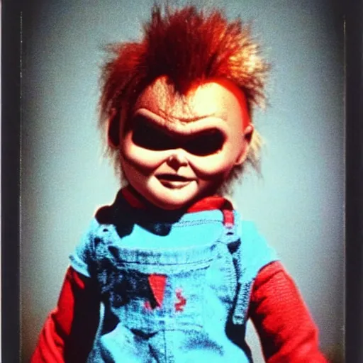 Image similar to polaroid photo of the doll chucky from the movie child's play remake. dark, gloomy, highly detailed.