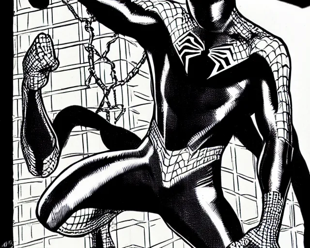 Image similar to photorealistic sketch of black spider - man with gold webbing by steve ditko