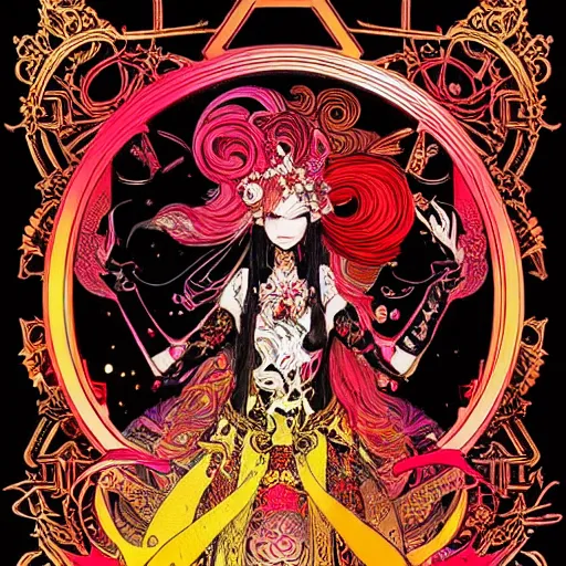 Image similar to jisoo + blackpink + elements + red + gold + neon + baroque + rococo + white + orange + ink + tarot card, ornate + by marc simonetti, paul pope, peter mohrbacher, detailed, intricate ink illustration + damask + award winning + 8 k