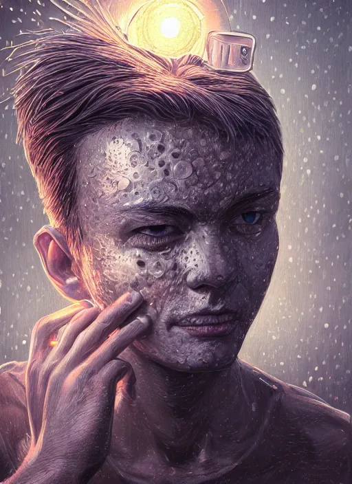 Image similar to highly detailed realistic hammered nails in a stupid head, pain, light effect, hyper detailed, intricate, elegant, highly detailed, digital painting, artstation, concept art, matte, sharp focus, illustration, by dan mumford, yusuke murata, makoto shinkai, ross tran