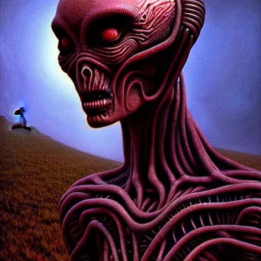 Image similar to alien man with alien woman portraiture, painted by beksinski, 4 k, intricate details, unreal engine, dynamic lighting