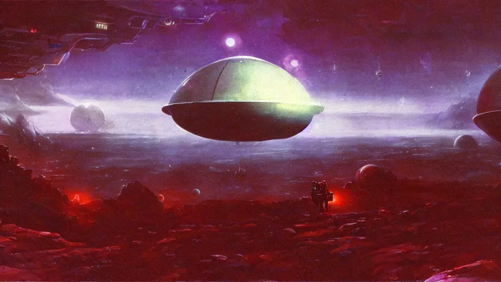 Image similar to eerie atmospheric alien planet with a small dropship pod landing by paul lehr and jack gaughan and john schoenherr, epic cinematic matte painting