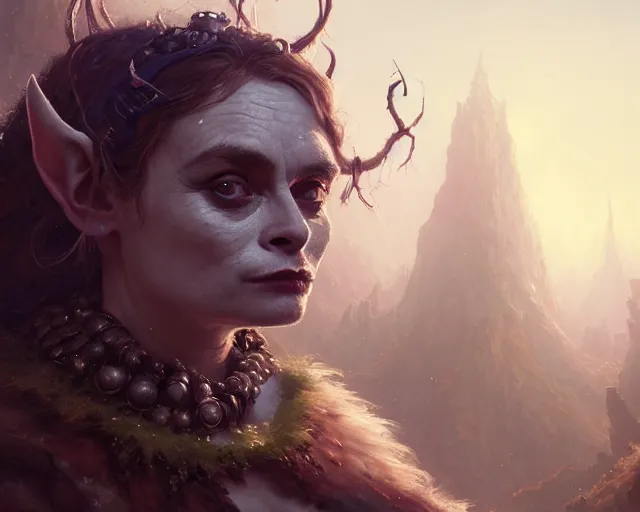 Image similar to highly detailed portrait of helena bonham carter as a fantasy goblin, in skyrim, stephen bliss, unreal engine, fantasy art by greg rutkowski, loish, rhads, ferdinand knab, makoto shinkai and lois van baarle, ilya kuvshinov, rossdraws, tom bagshaw, global illumination, radiant light, detailed and intricate environment