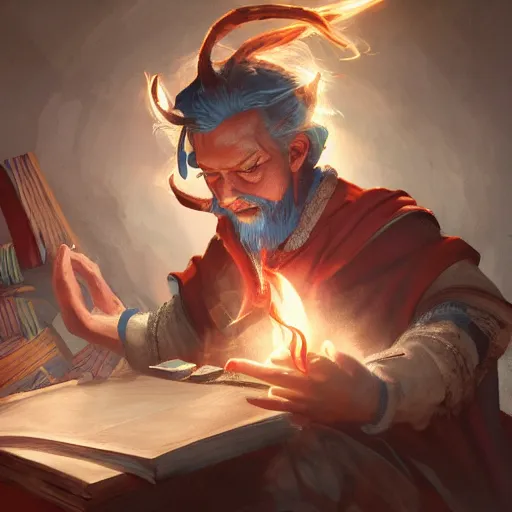 Prompt: A wizard casting a spell with fire and ice, surrounded by books, digital painting, detail oriented, highly detailed, beautiful, artstation, concept art, highly coherent, studio lighting, dynamic scene, By Barret Frymire