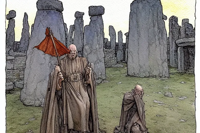 Prompt: a realistic and atmospheric watercolour fantasy concept art of a dirty medieval monk in grey robes pointing to the sky in stonehenge. a ufo is in the sky. by rebecca guay, michael kaluta, charles vess and jean moebius giraud