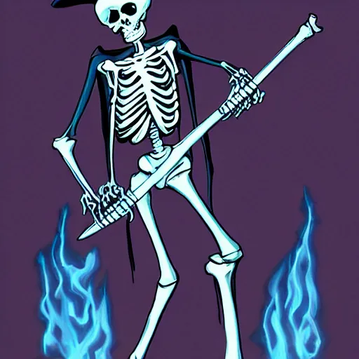 Image similar to DND character, skeleton, Tall skeletal figure, wearing a deep black suit and tie and top hat. golden cane in his right. Light blue flames envelop his whole body