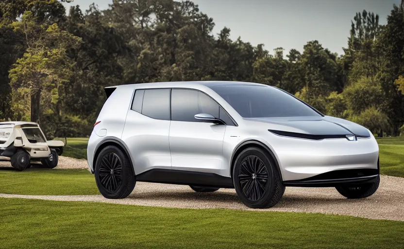 Prompt: the electric suv honma will release soon, outdoor product photography on a golf course