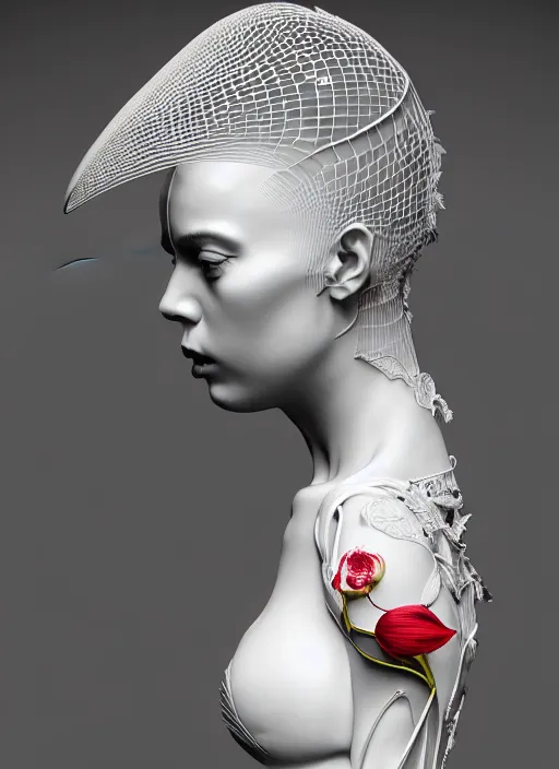 Image similar to complex 3d render ultra detailed of a beautiful porcelain profile young woman face, biomechanical cyborg, 200 mm lens, volumetric lighting, beautiful studio soft light, rim light, silver white gold red details, magnolia big leaves achromatic and stems, roots, fine foliage lace, mesh wire, Alexander Mcqueen high fashion haute couture, art nouveau fashion embroidered, intricate details, hyper realistic, ultra detailed, mandelbrot fractal, anatomical, facial muscles, cable wires, microchip, elegant, octane render, H.R. Giger style, 8k post-production, trending on Artstation