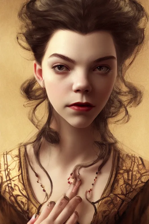 Image similar to a portrait of an elegant beautiful dark bohemian vampire woman, smooth face, glamour shot, (Anya Taylor-Joy), bored, illustration, dramatic lighting, soft details, painting oil on canvas, art nouveau, octane render, HDR, 4k, 8k, HD, by Edmund Blair Leighton, Brom, Charlie Bowater, trending on artstation,