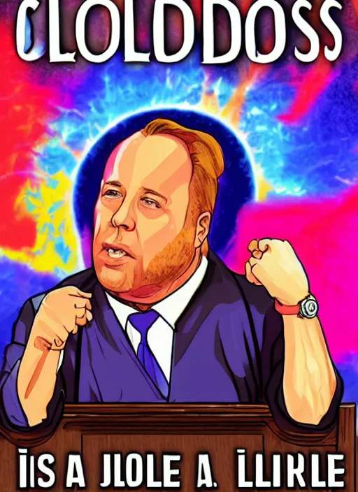 Image similar to old alex jones on the stand in court by lisa frank